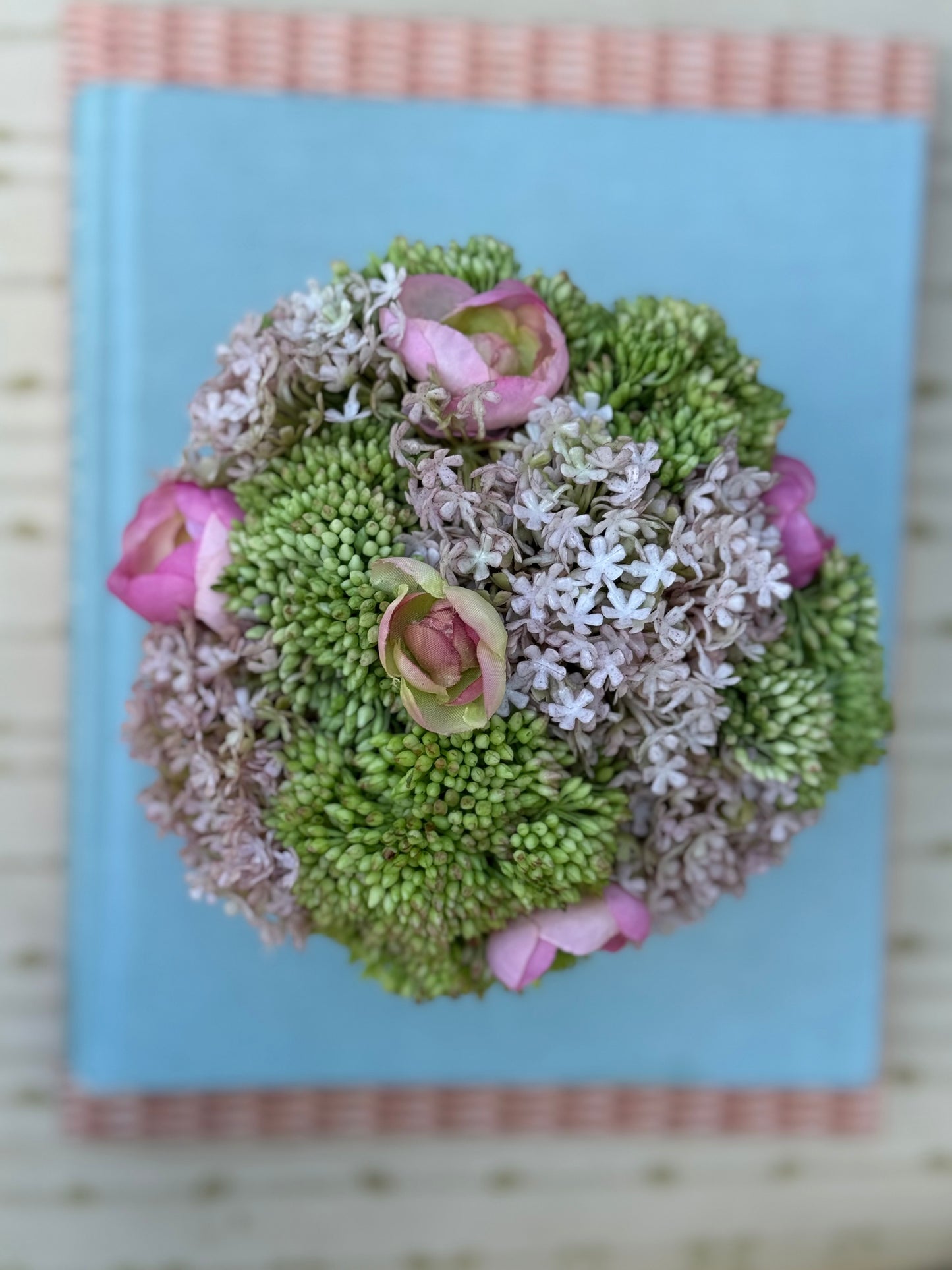 Small Pearl Pot + Faux Sedum & Pink Ranunculus Mix