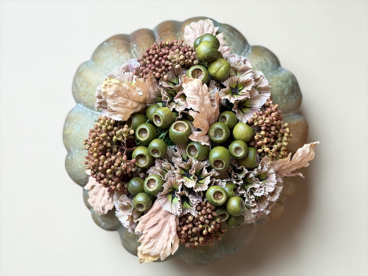 Faux Fairytale Pumpkin + Sedum & Scabiosa Mix