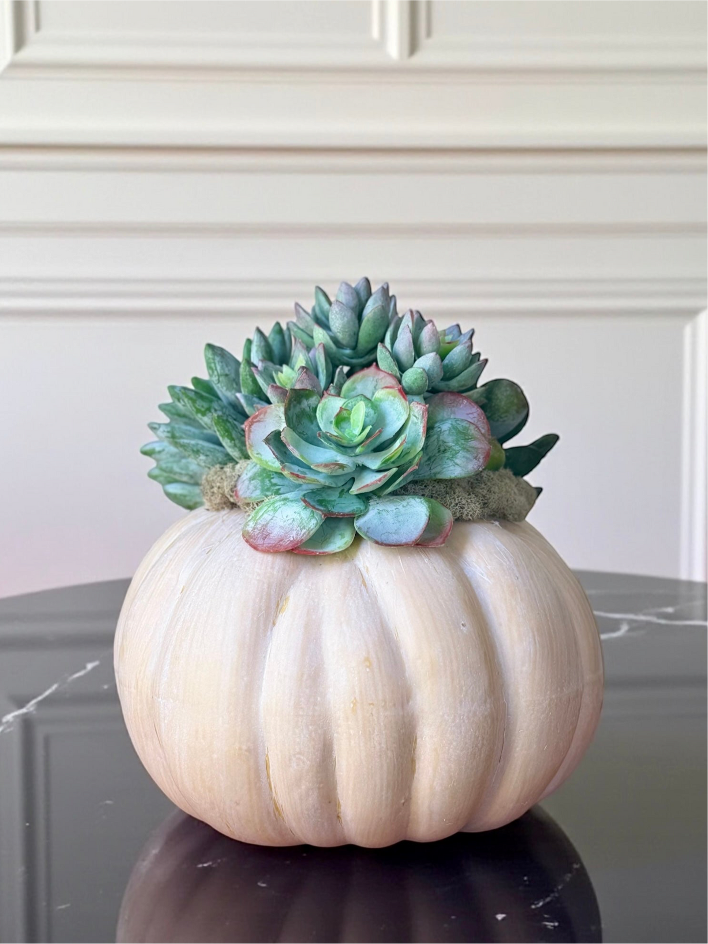 Small Light Orange Faux Fairytale Pumpkin + 1 Faux Succulent