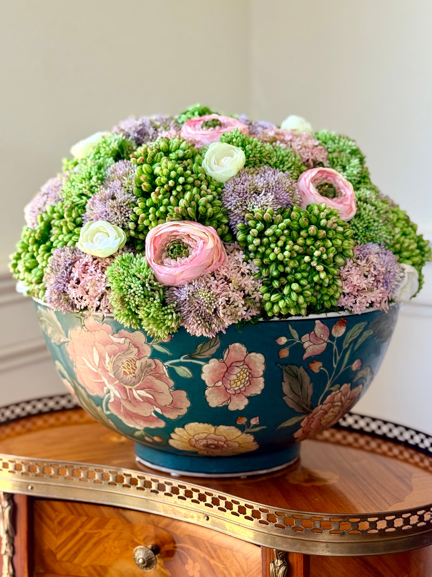Vintage 14" Macau Teal Floral Porcelain Bowl+ Faux Sedum & Pink Ranunculus