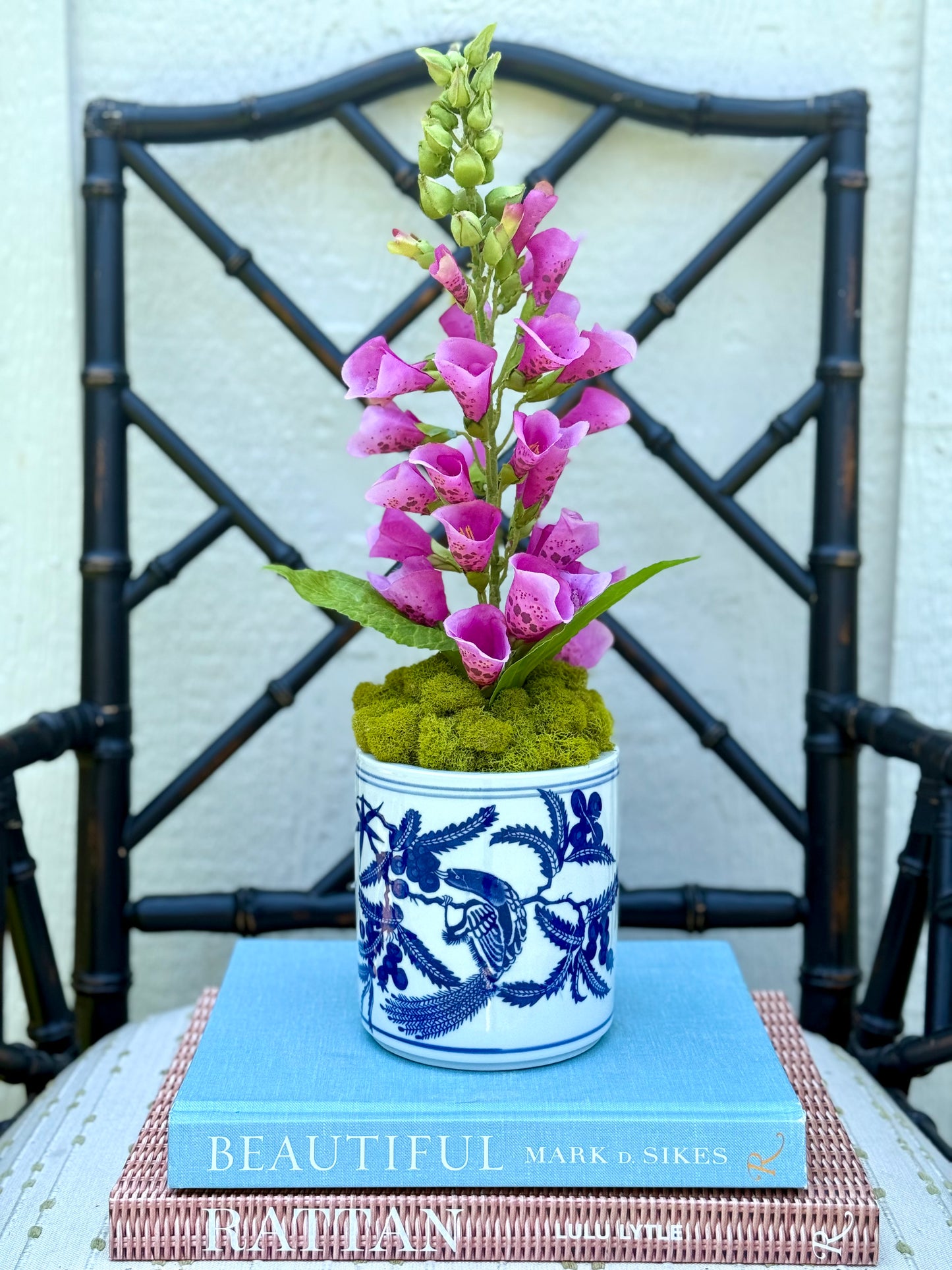 Blue & White Bird Chinoiserie Pot + 1 Faux Fuchsia Foxglove