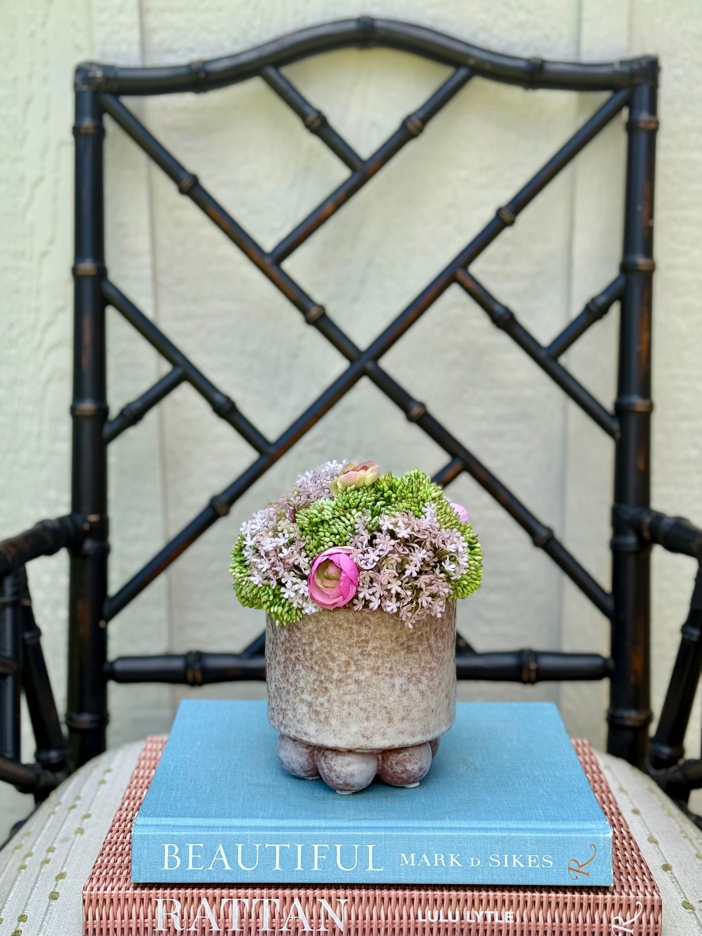 Small Pearl Pot + Faux Sedum & Pink Ranunculus Mix