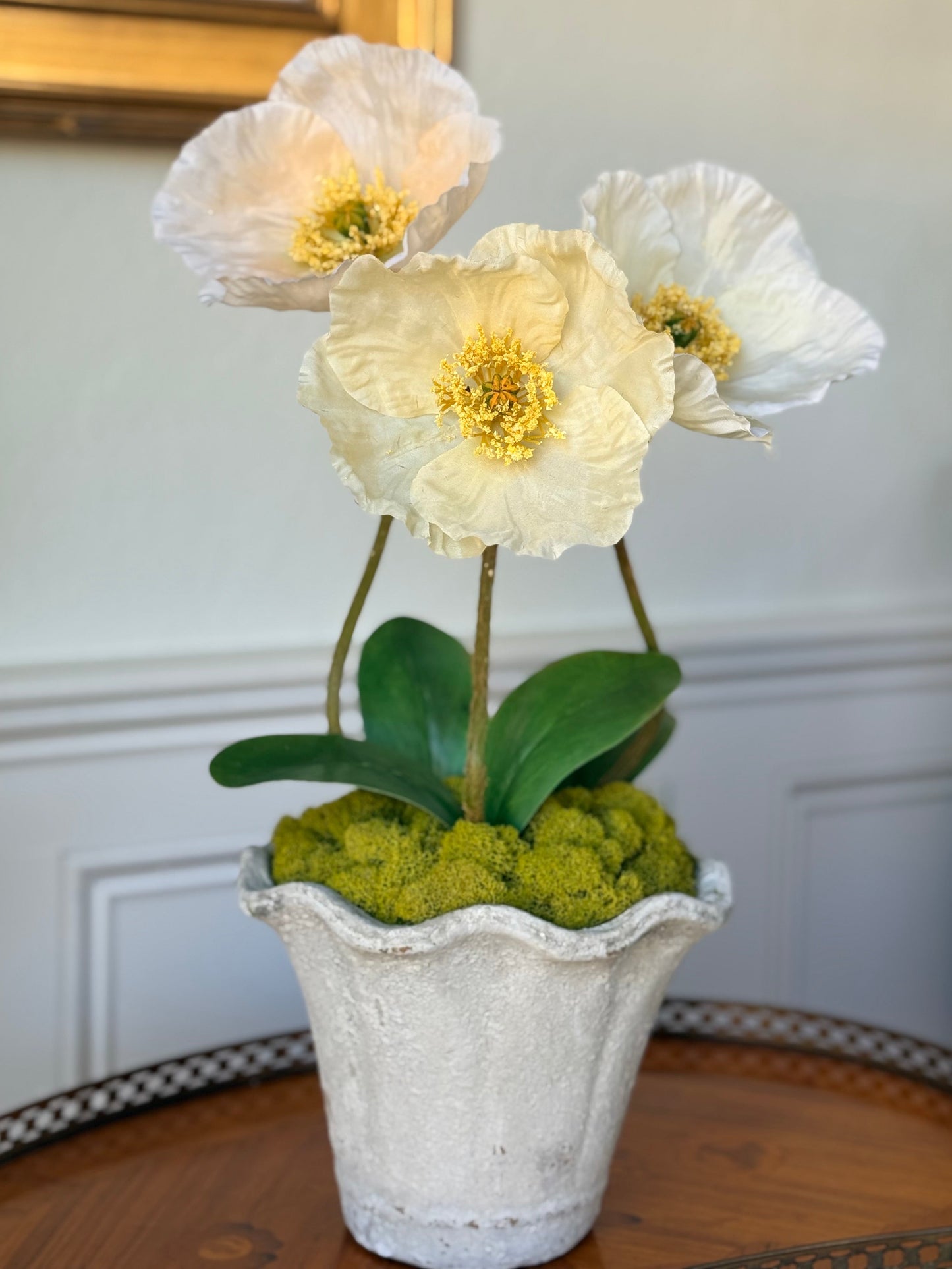 Scalloped Terra Cotta Pot + 3 Faux Mixed Cream Poppies