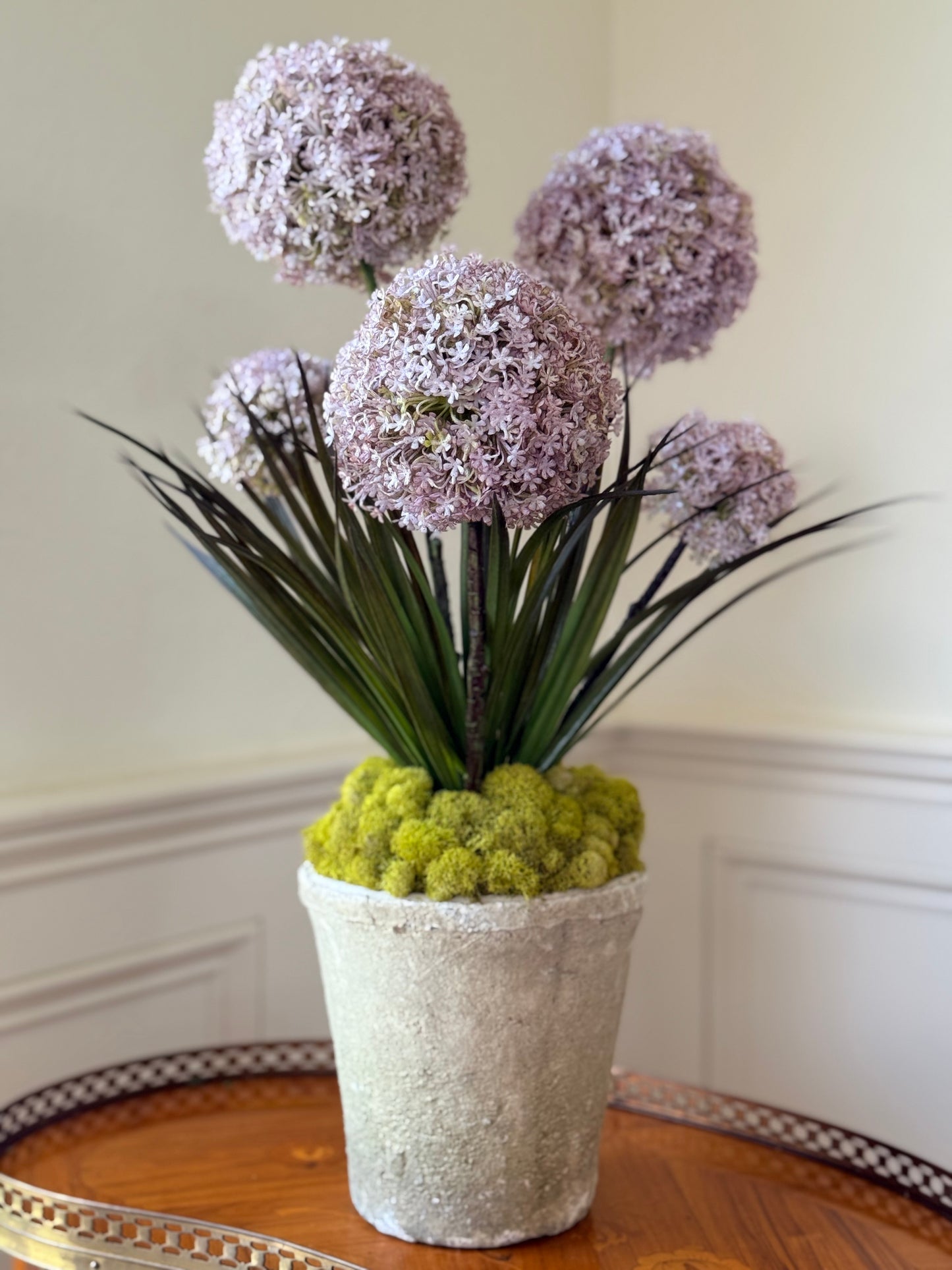 Faux Lavender Allium + Mossy Terra Cotta Pot