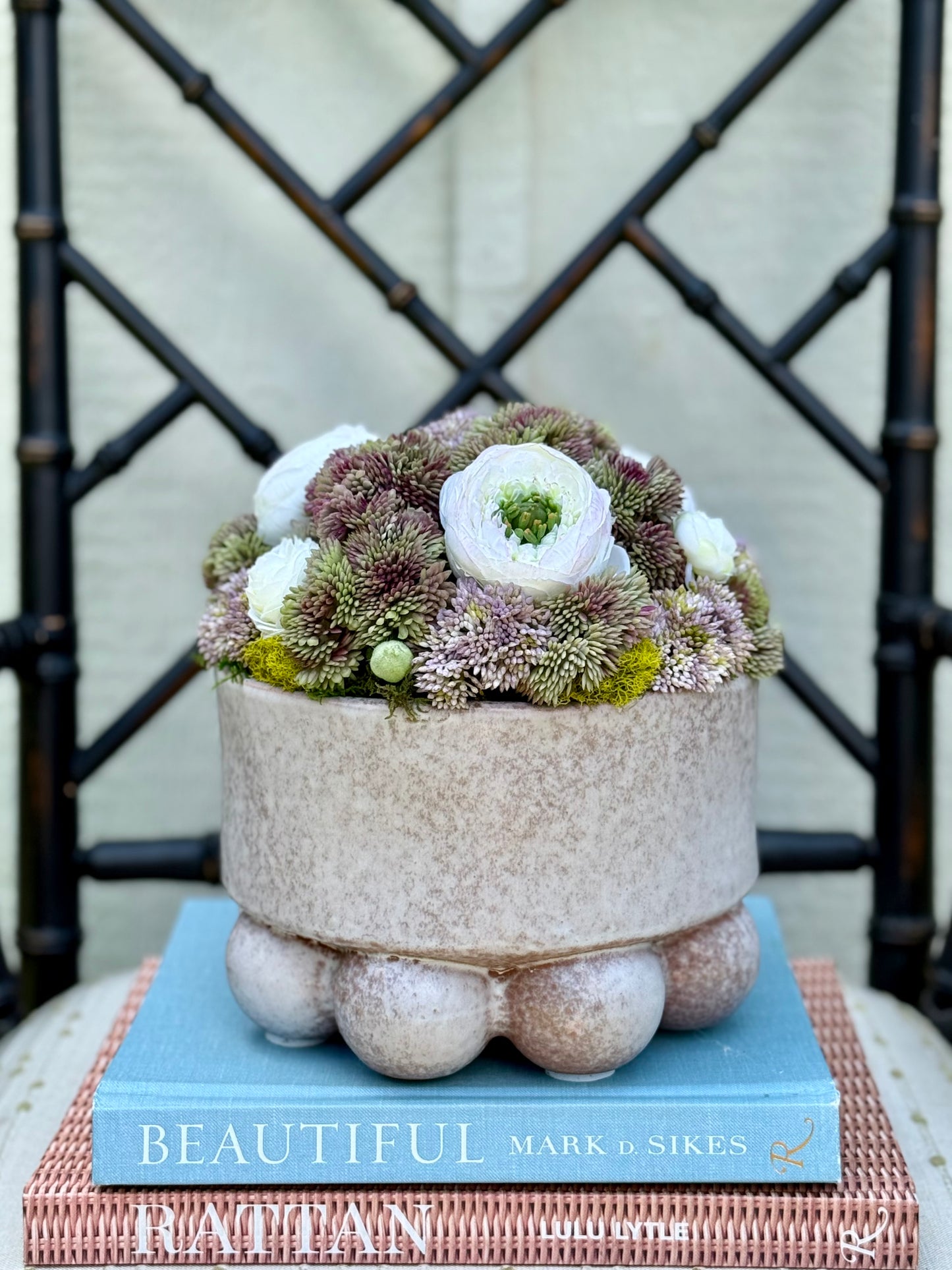 Pearl Bowl + Faux Sedum & White Ranunculus Mix