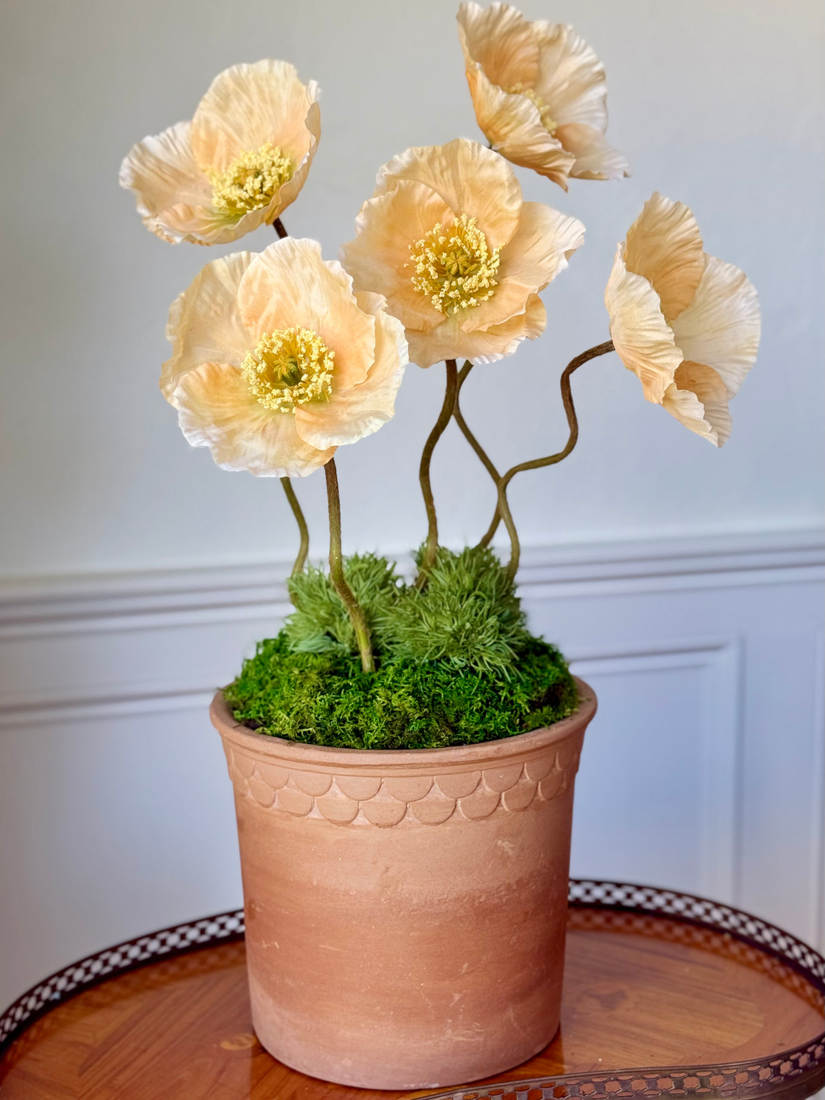 Scalloped Terra Cotta Pot + 5 Faux Peach Poppies
