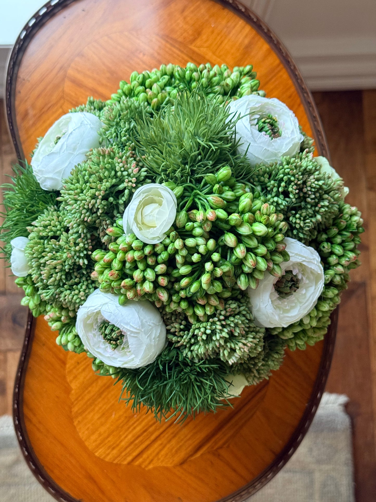Pearl Bowl + Faux Sedum, Dianthus & White Ranunculus Mix