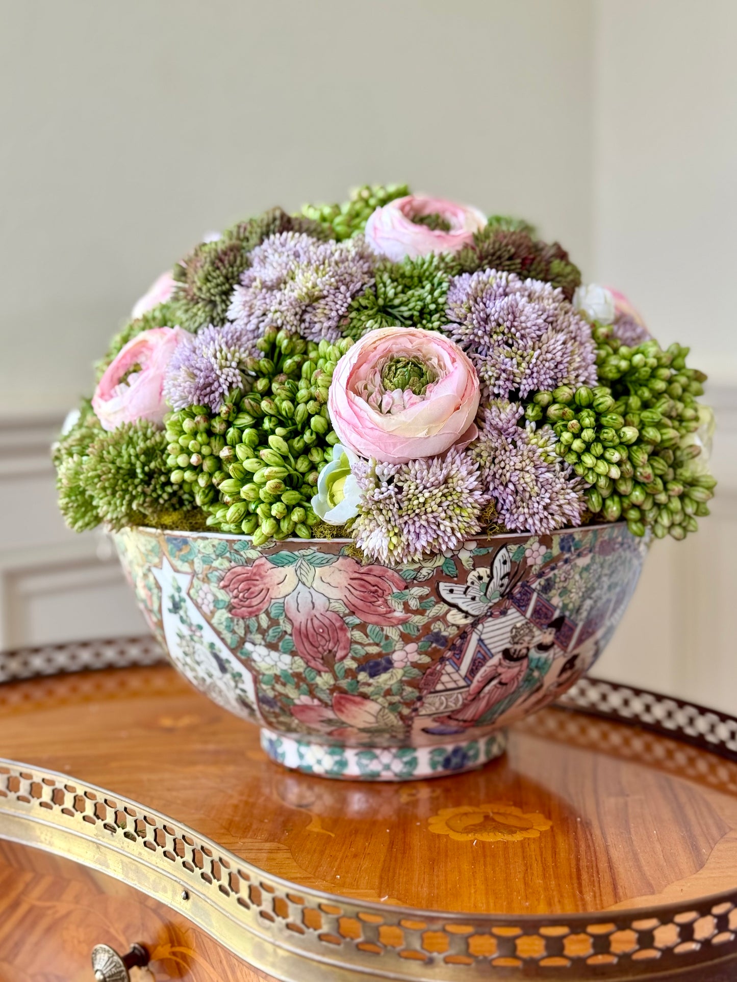 Vintage 10" Chinese Famille Porcelain Bowl + Faux Sedum & Ranunculus mix