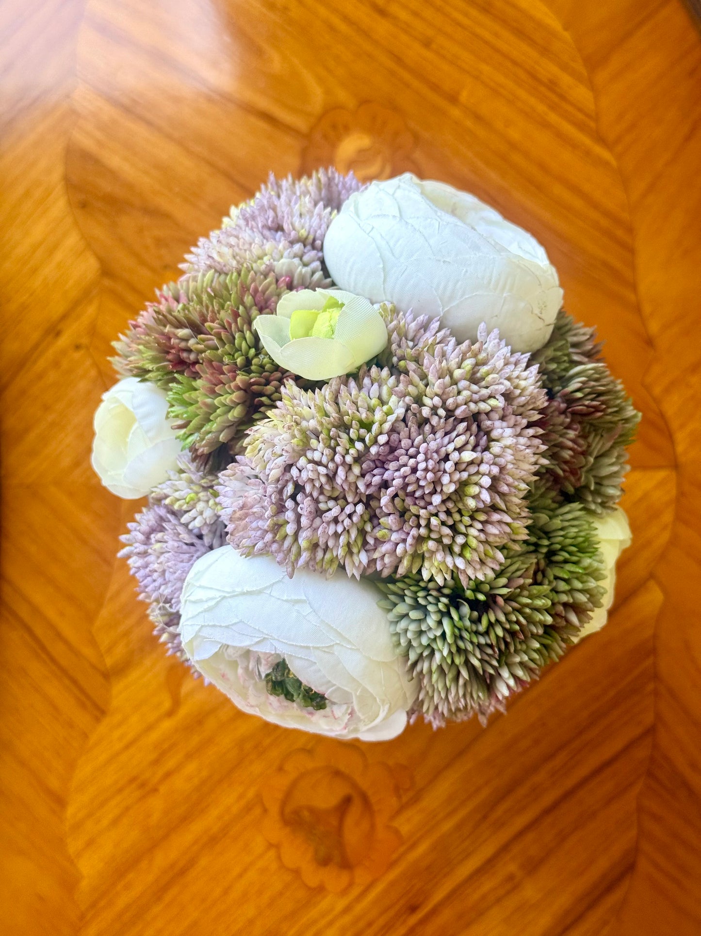 Small Pearl Pot + Faux Sedum & White Ranunculus Mix