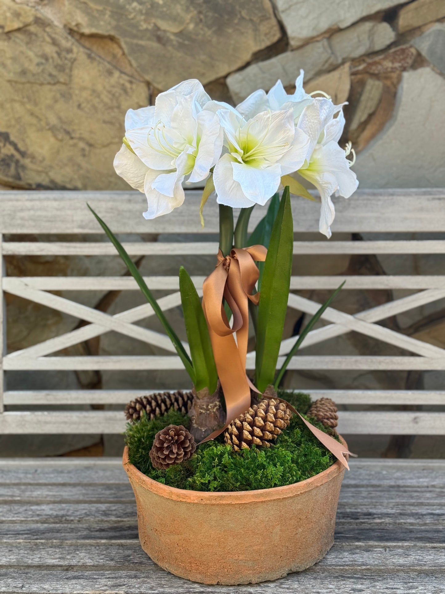 *Local Pickup Only* Two Faux White Amaryllis + 12” Terra Cotta Bowl