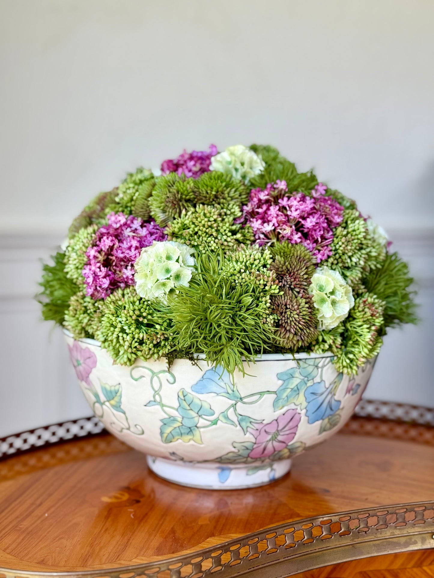 Vintage 10" Sadek Floral Porcelain Bowl + Faux Sedum & Allium