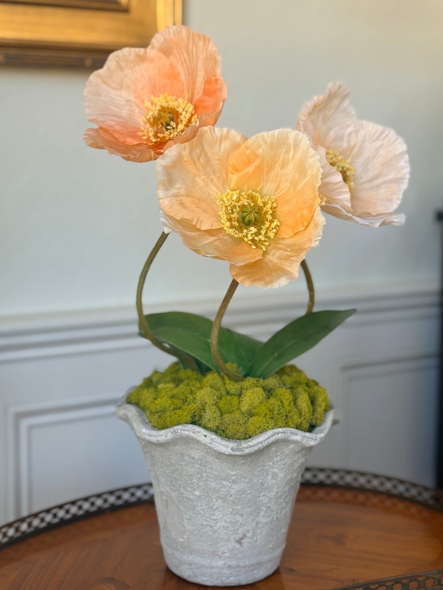 Scalloped Terra Cotta Pot + 3 Faux Mixed Peach Poppies