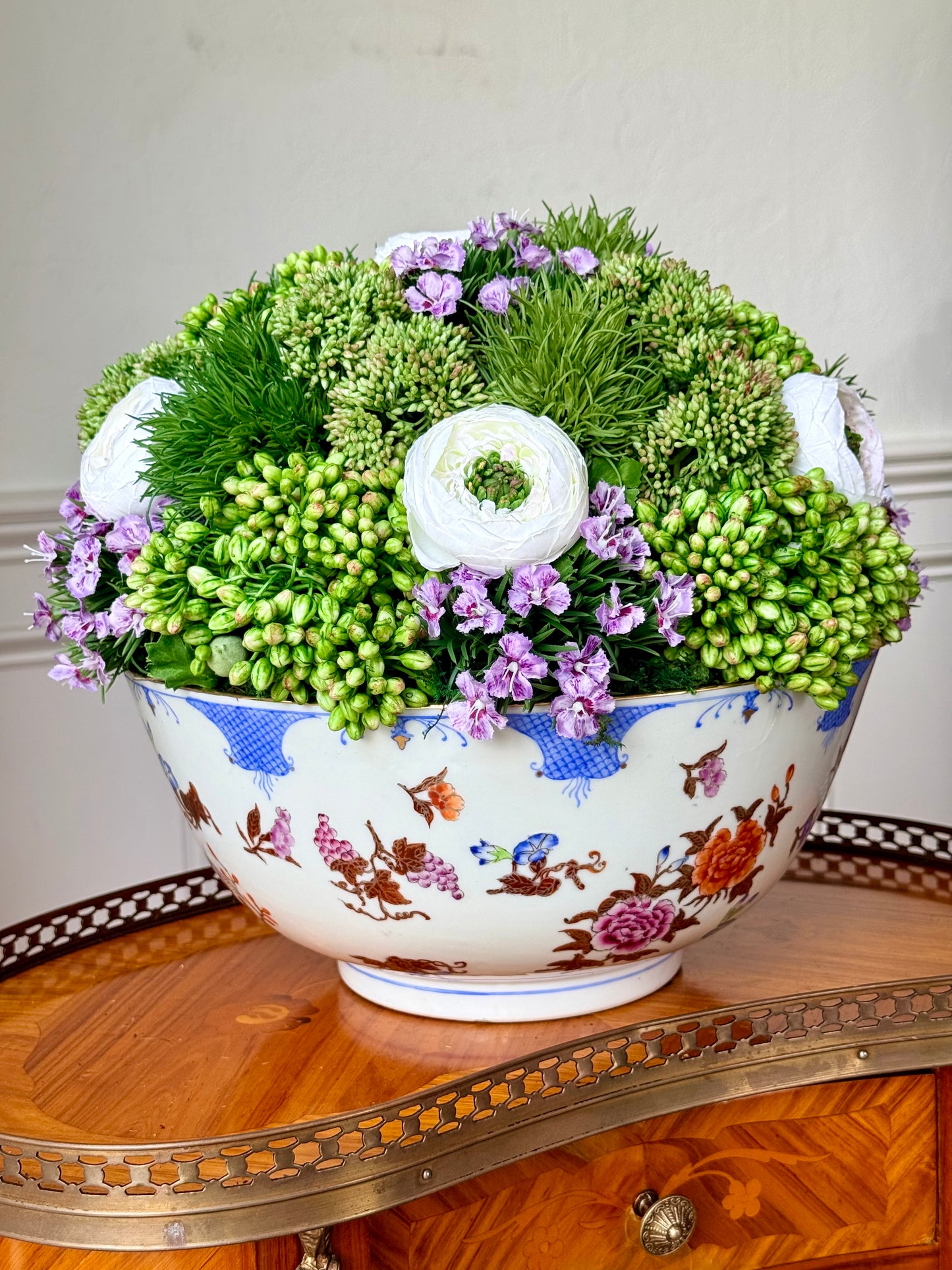 Vintage 12" Chinese Doucai Floral Bowl+ Faux Sedum & Ranunculus Mix