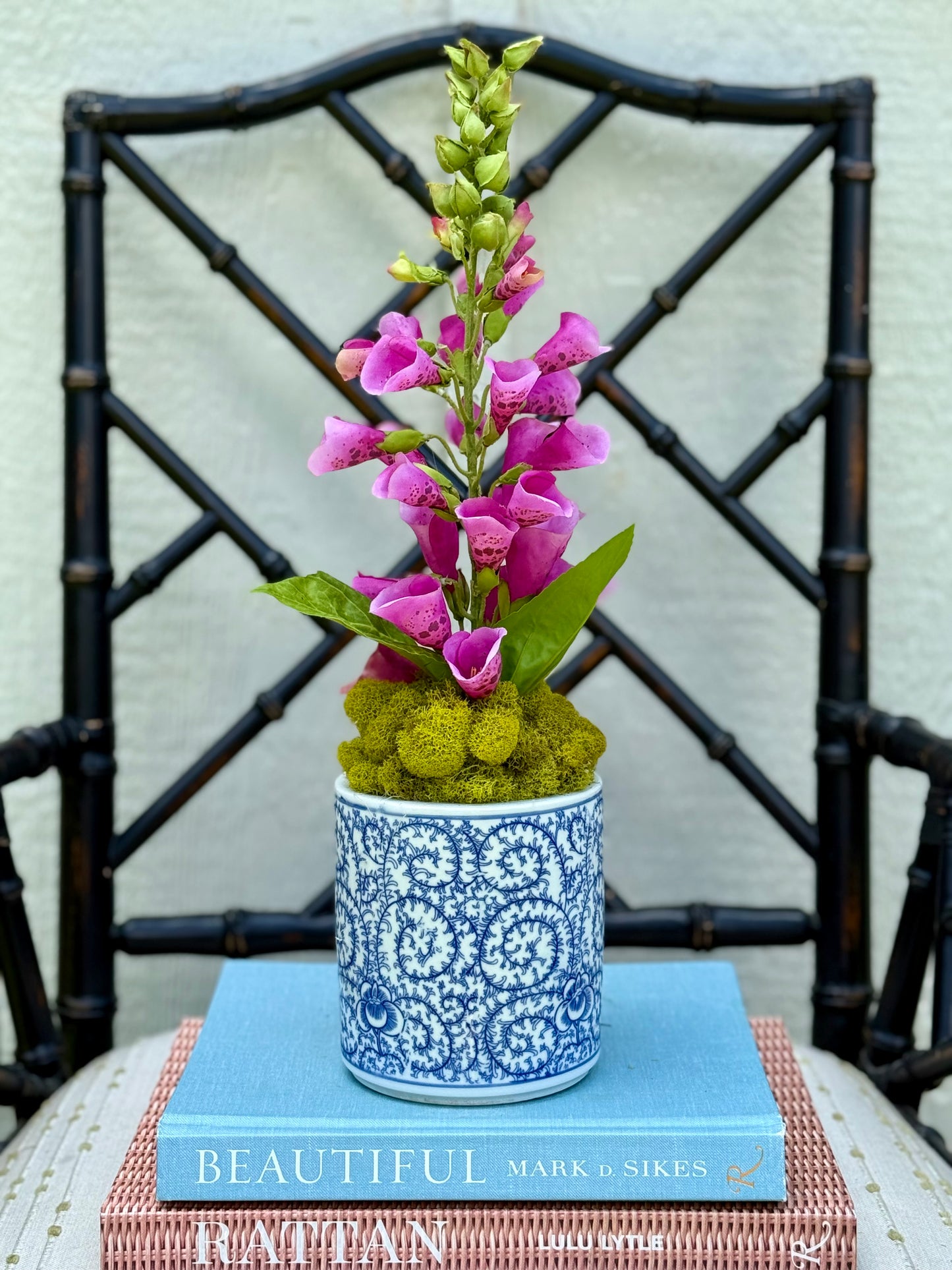 Blue & White Floral Chinoiserie Pot + 1 Faux Fuchsia Foxglove