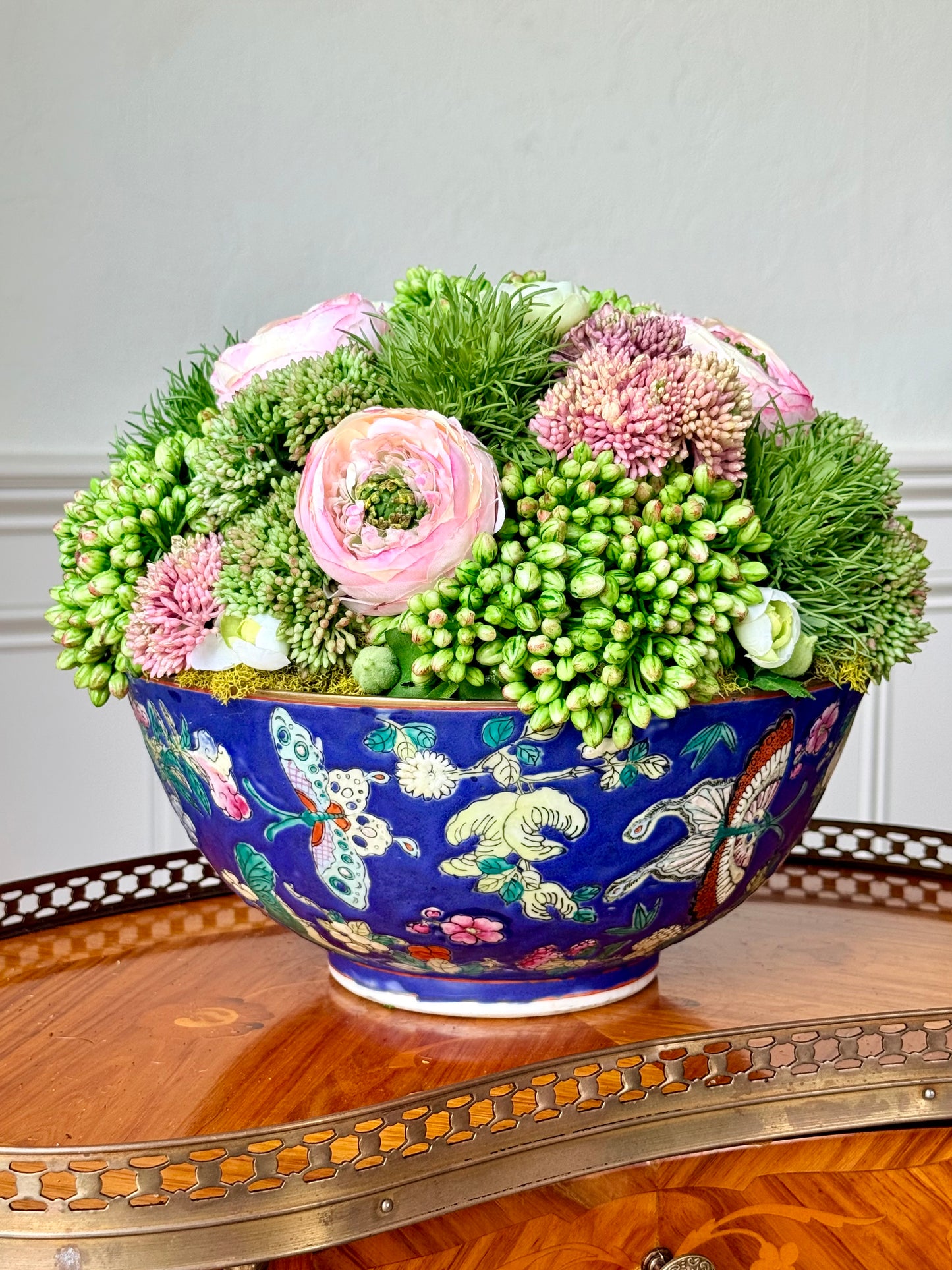 Vintage 10" Dark Blue Butterfly Bowl + Sedum & Ranunculus Mix