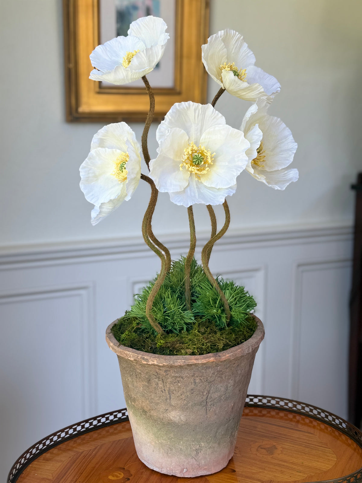 Cream Terra Cotta Pot + 5 Faux Cream Poppies