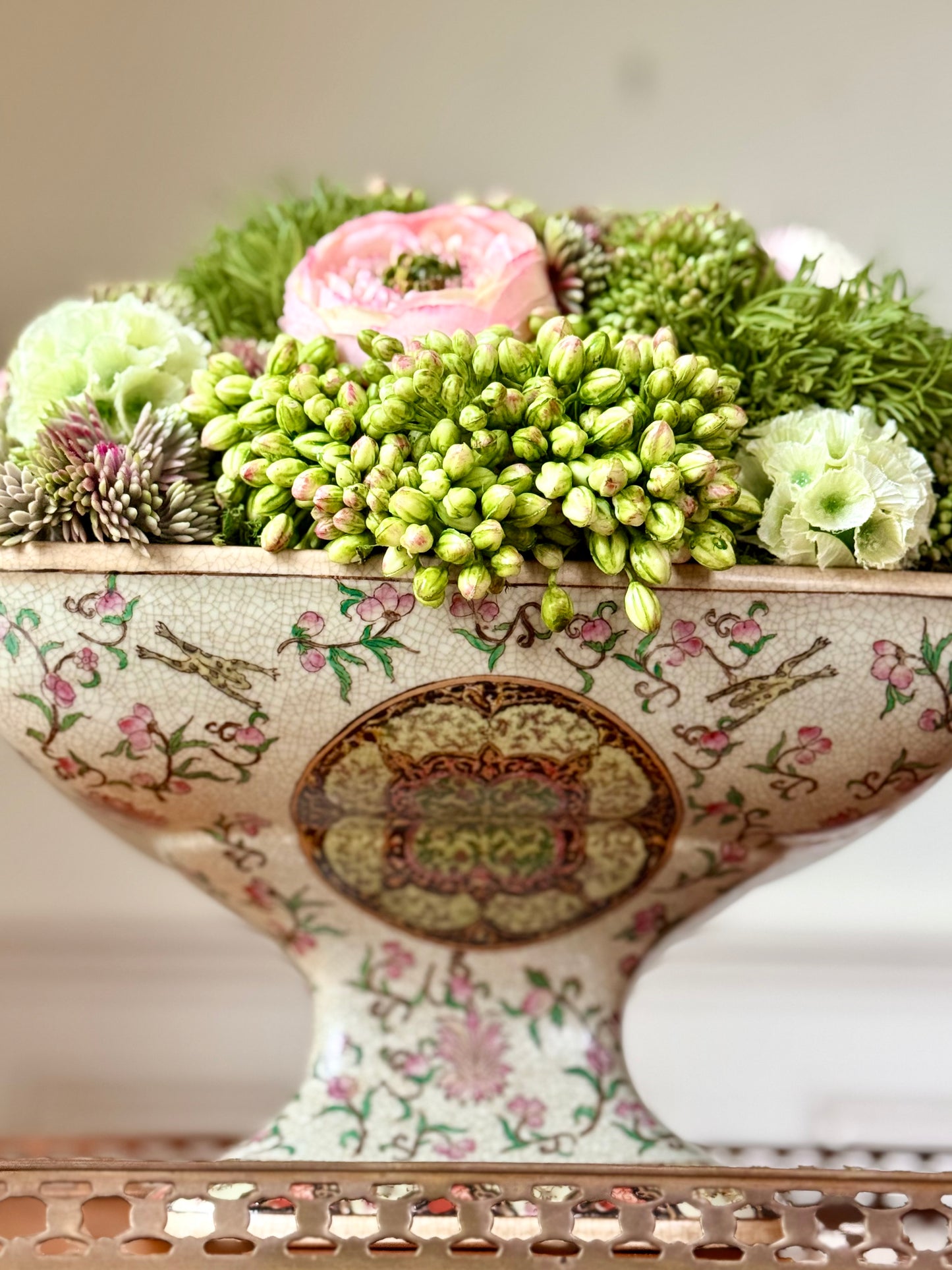 10"x10” Square Chinoiserie Porcelain Pedestal + Faux Sedum