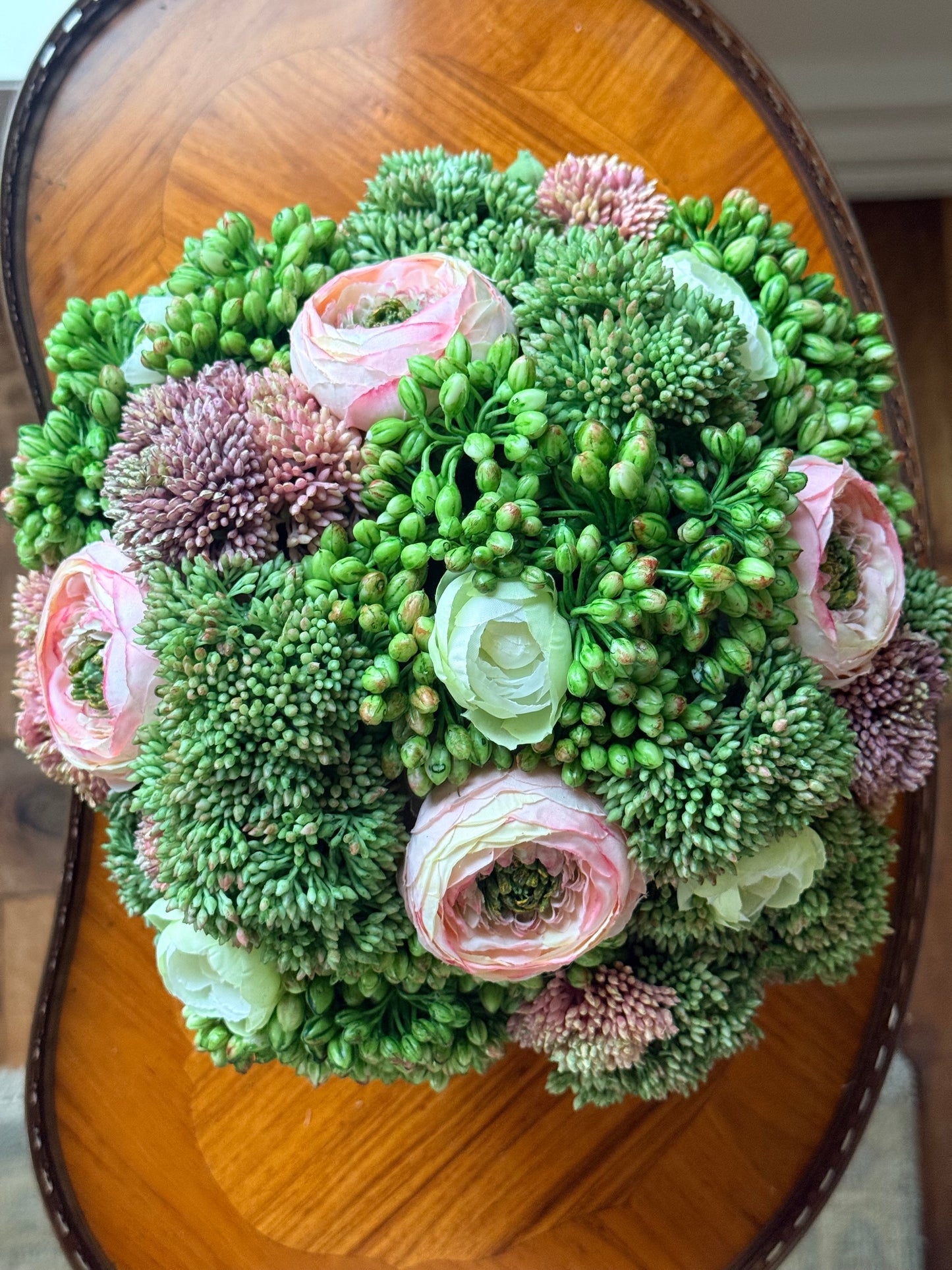 9.5” Tobacco Leaf Porcelain Bowl + Faux Sedum & Pink Ranunculus