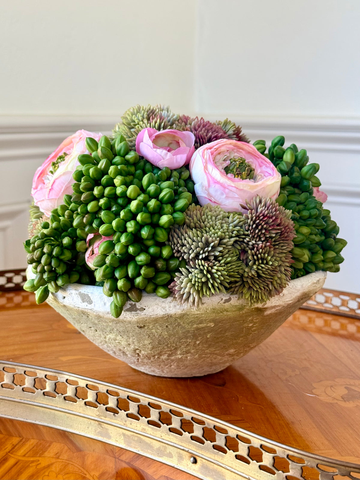 8” Cream Terra Cotta Bowl + Faux Sedum & Pink Ranunculus Mix