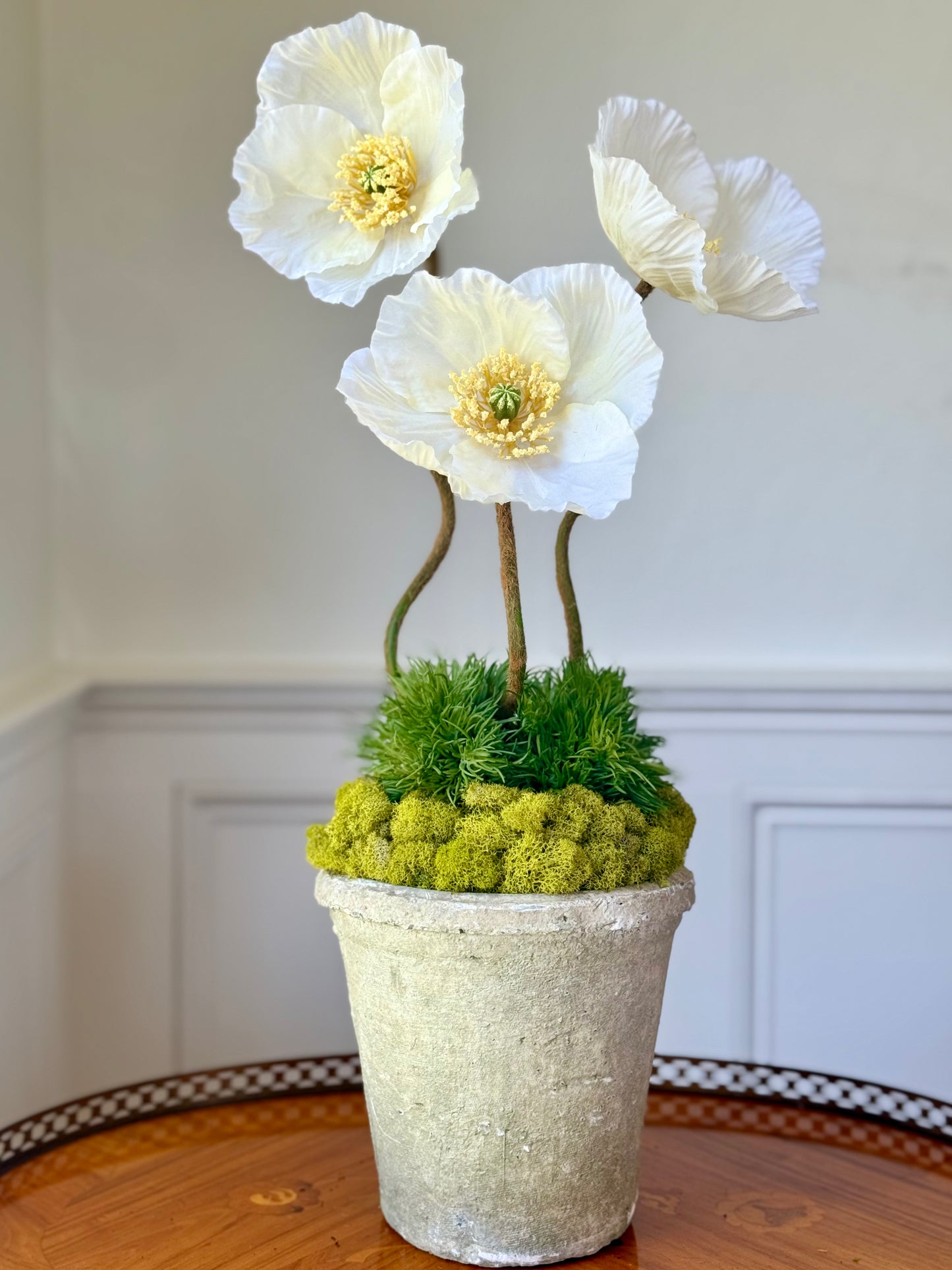 Cream Terra Cotta Pot + 3 Faux Mixed Cream Poppies