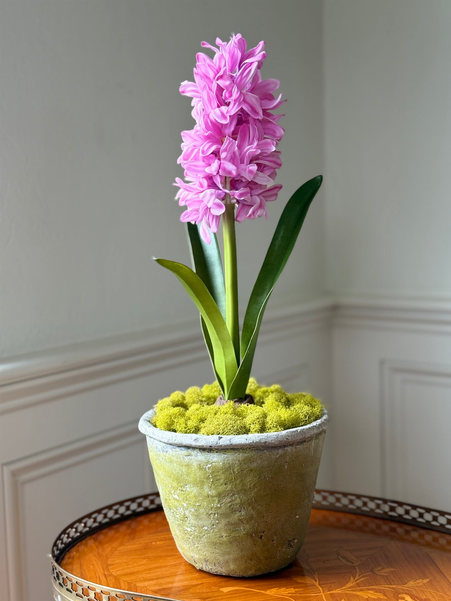 Magenta Pink Faux Hyacinth + Moss Green Terra Cotta Pot