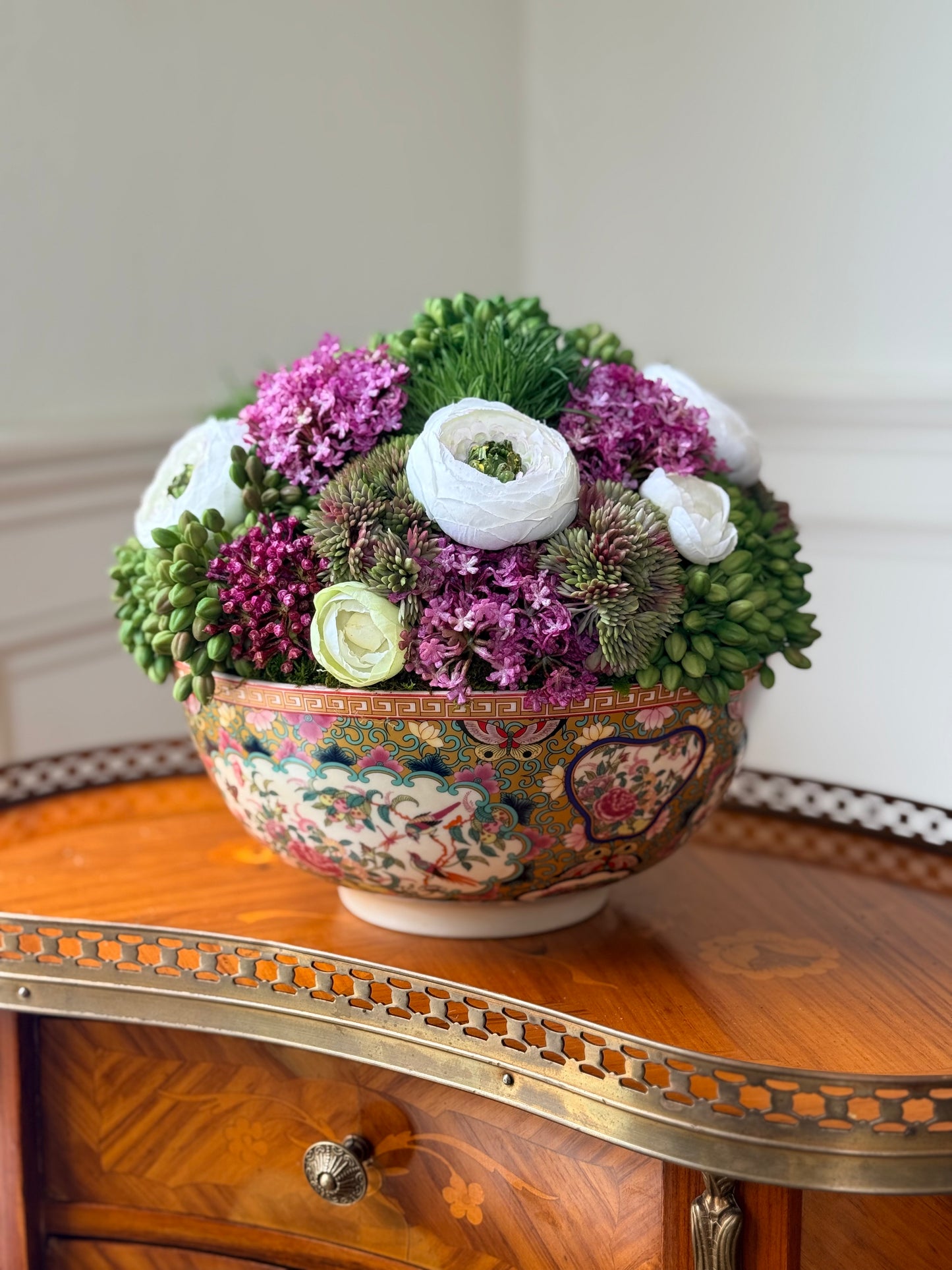 9” Rose Medallion Porcelain Bowl + Faux Sedum & White Ranunculus