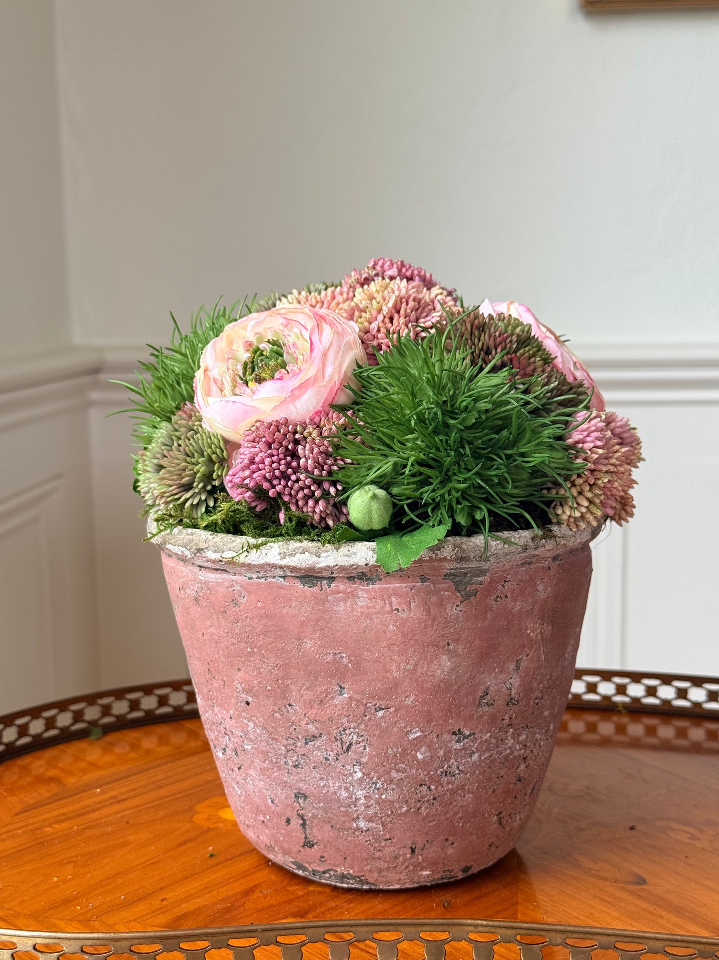 Faux Sedum & Pink Ranunculus + Pink Terra Cotta Bowl