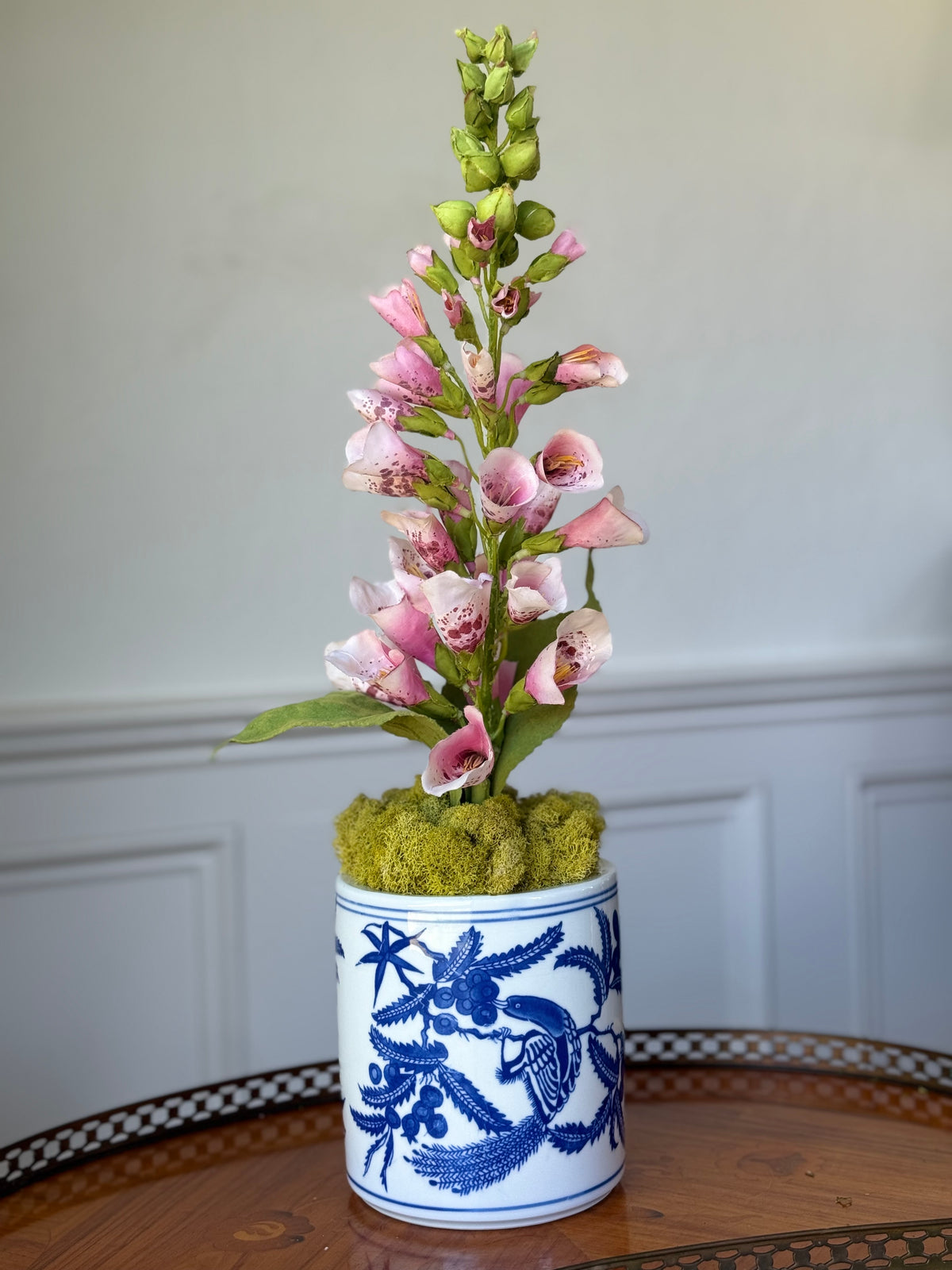 Blue & White Bird Chinoiserie Pot + 1 Faux Pink Foxglove