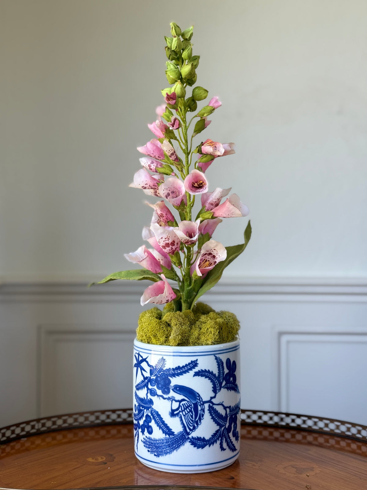 Blue & White Bird Chinoiserie Pot + 1 Faux Pink Foxglove