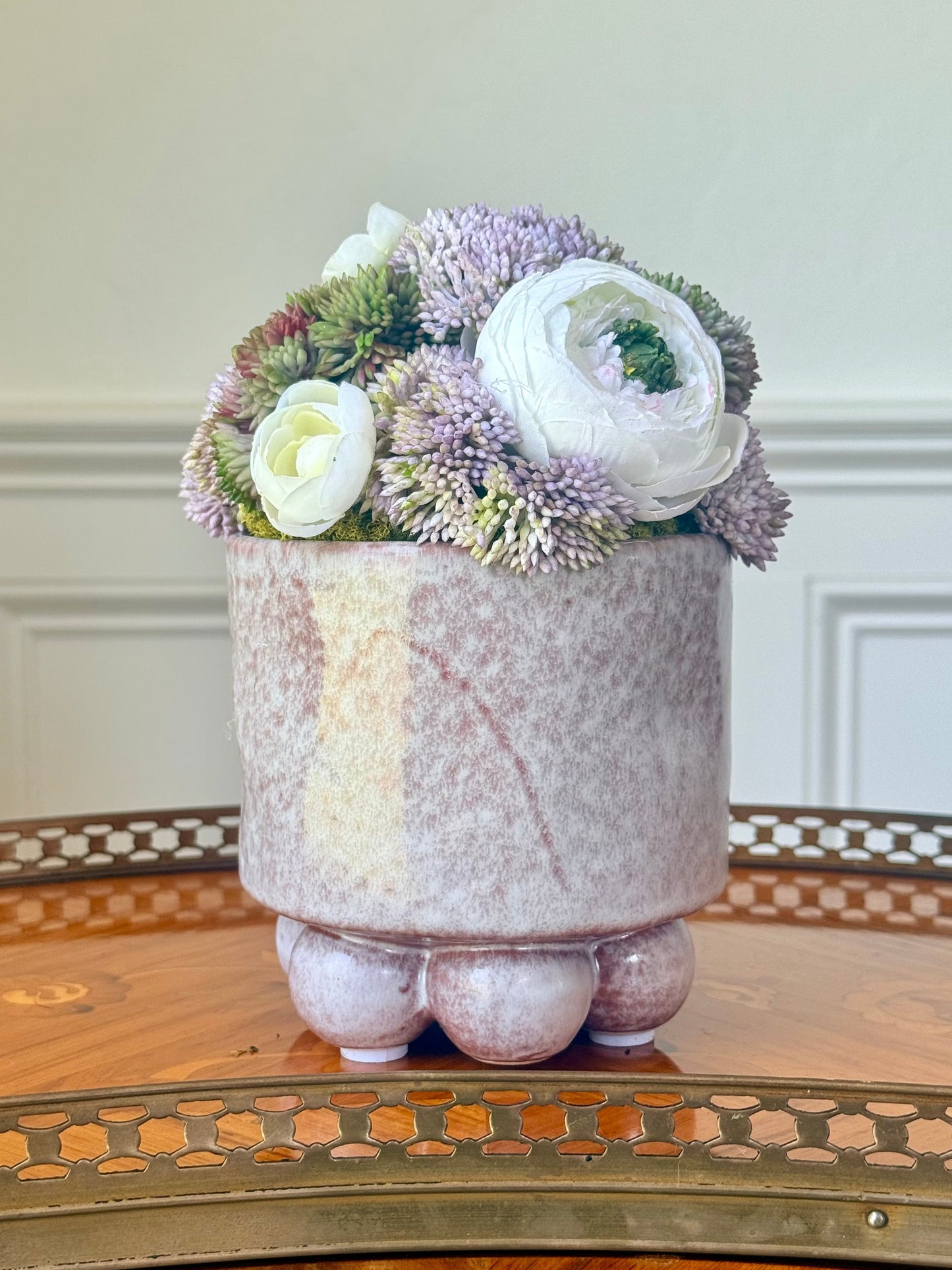 Small Pearl Pot + Faux Sedum & White Ranunculus Mix