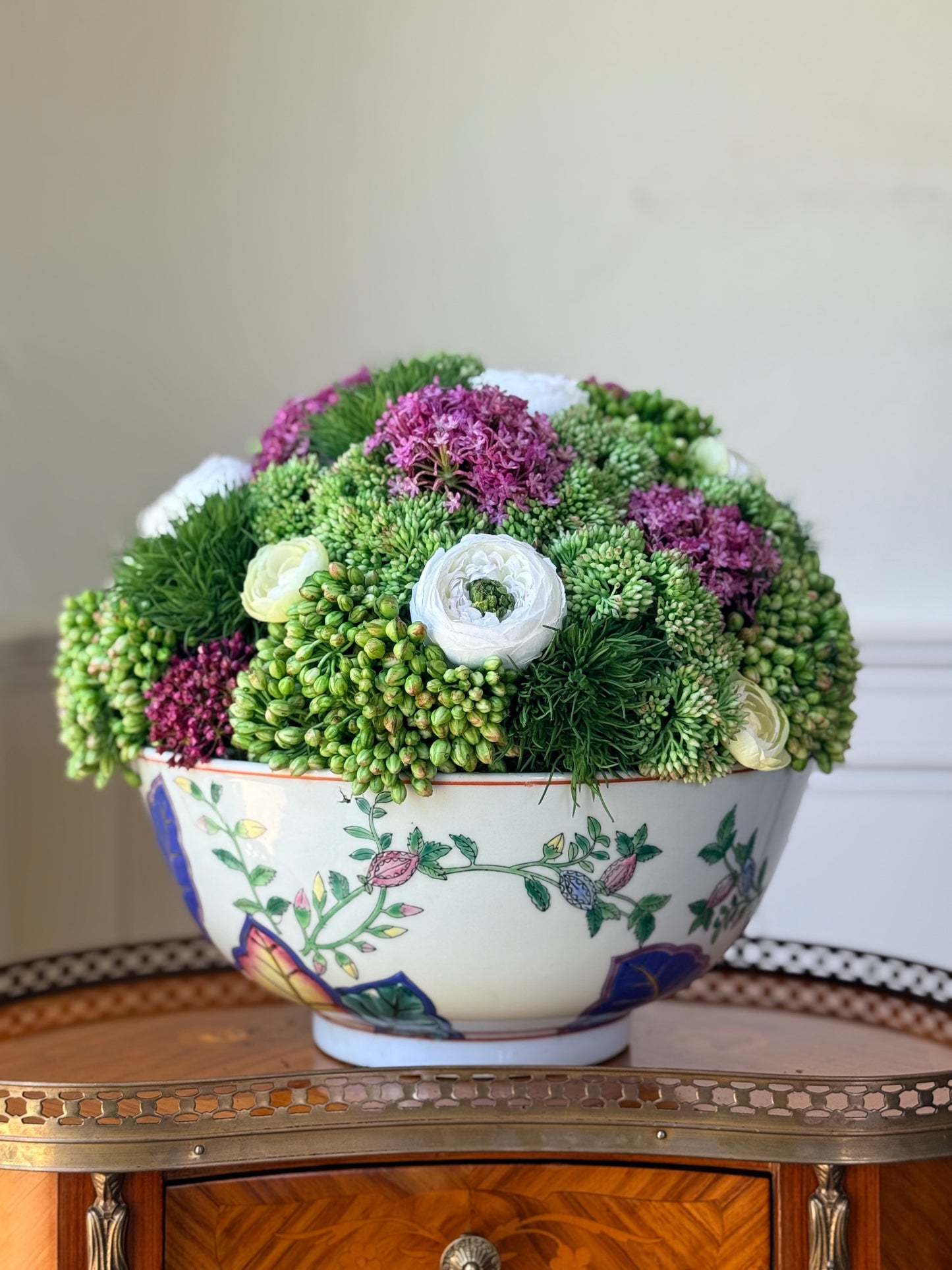 Vintage 12" Tobacco Leaf Bowl + Faux Sedum & Ranunculus Mix
