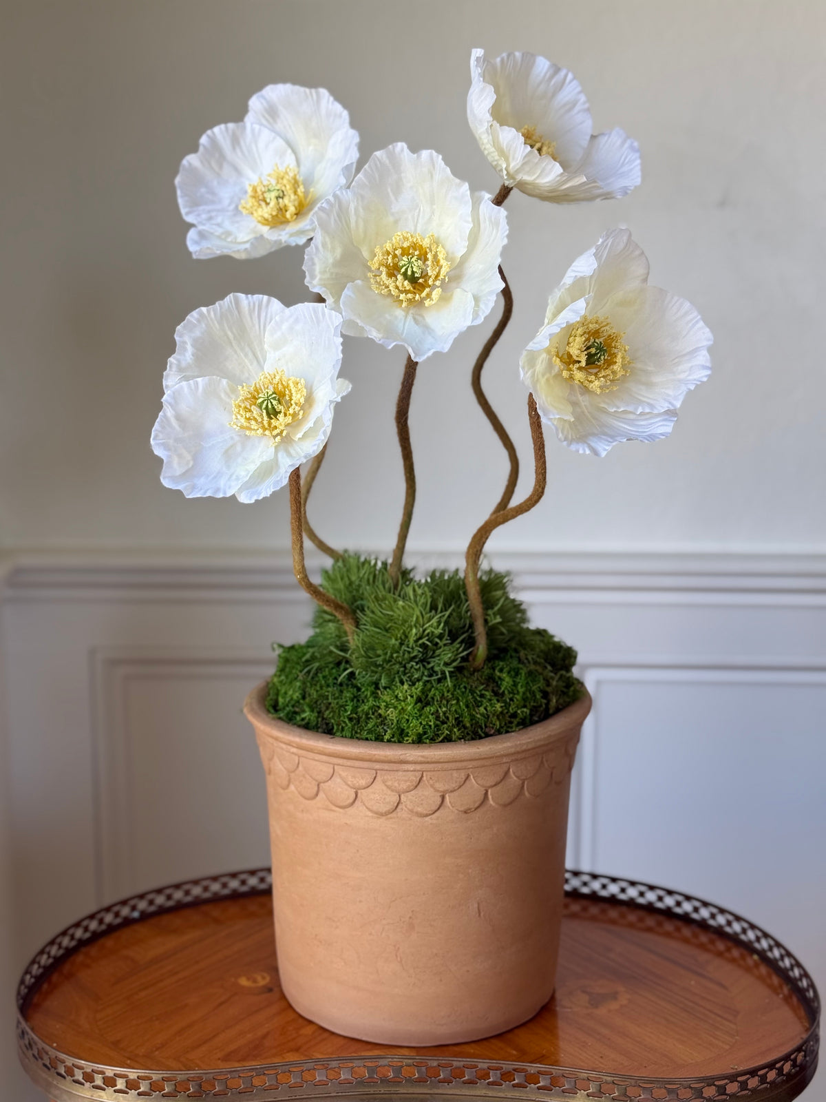 Scalloped Terra Cotta Pot + 5 Faux Cream Poppies