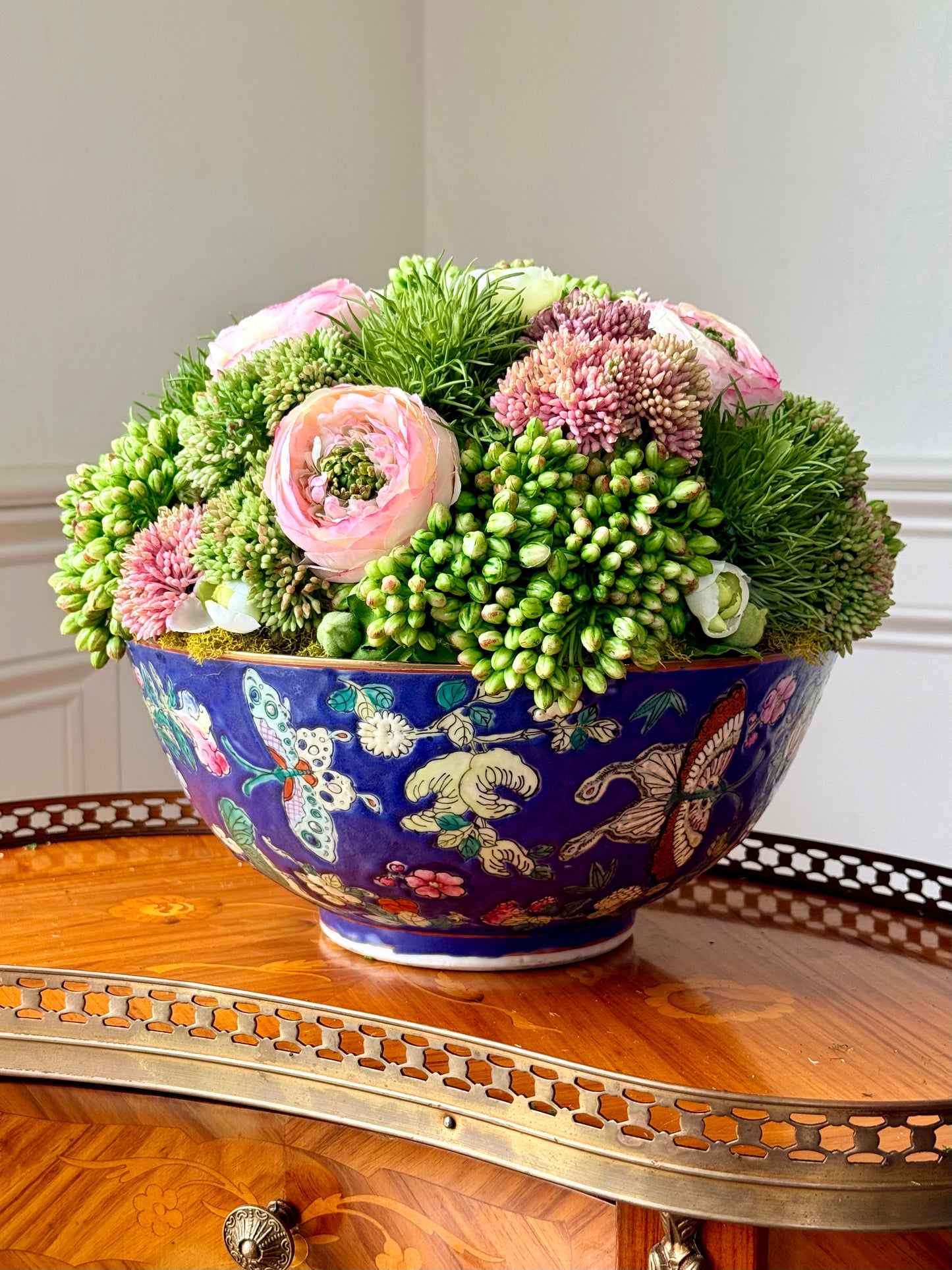 Vintage 10" Dark Blue Butterfly Bowl + Sedum & Ranunculus Mix