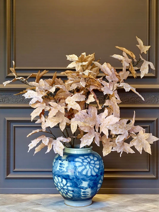 Blue and White Globe Vase + 3 Bundles of Faux Maple Leaf Stems