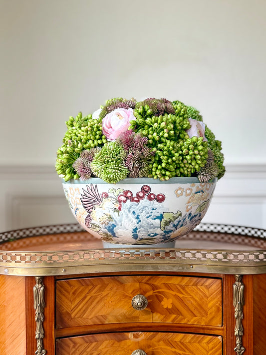 10" Vintage Bowl + Faux Sedum & Pink Ranunculus #35