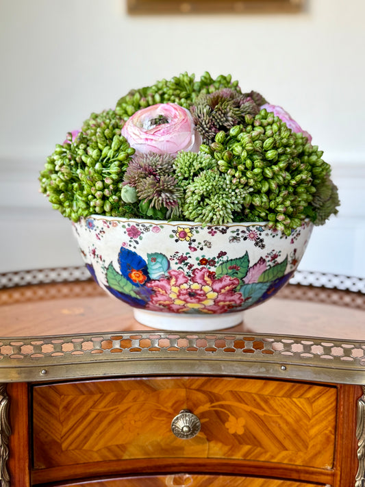 9.5” Tobacco Leaf Porcelain Bowl + Faux Sedum & Pink Ranunculus