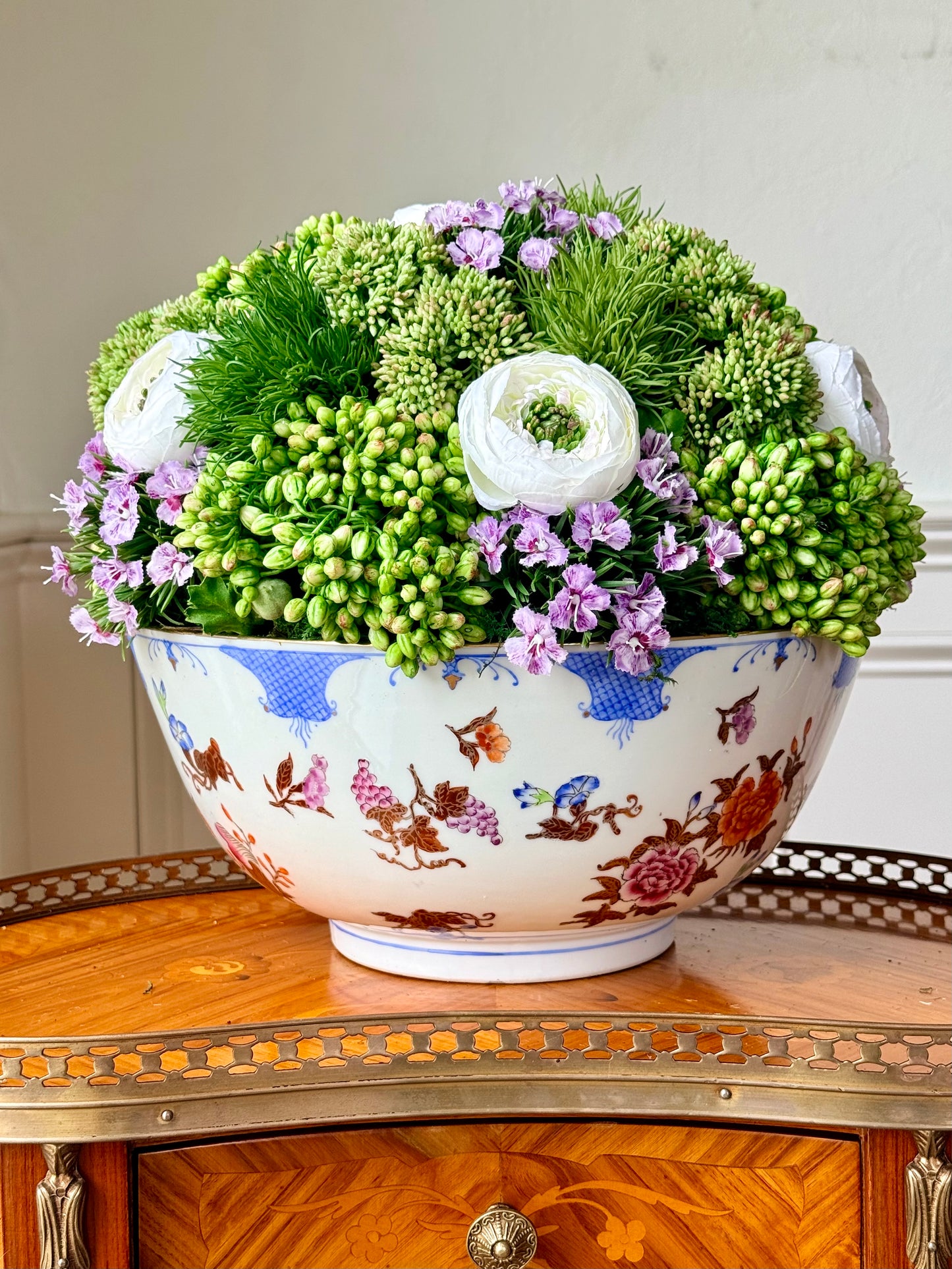 Vintage 12" Chinese Doucai Floral Bowl+ Faux Sedum & Ranunculus Mix