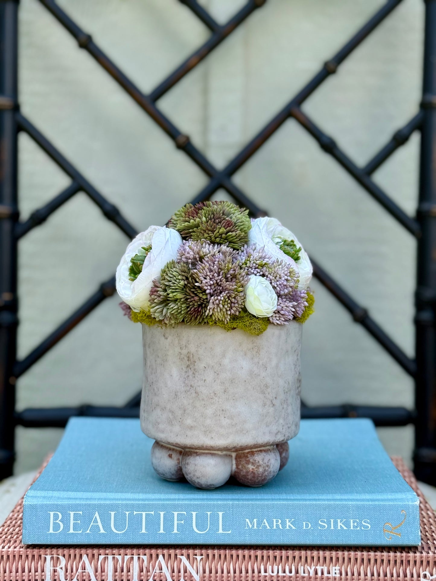 Small Pearl Pot + Faux Sedum & White Ranunculus Mix