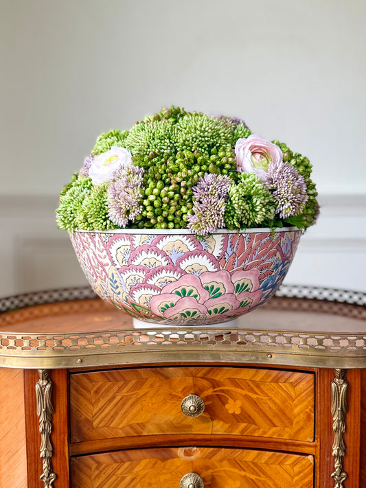 10" Vintage Pink Feather Bowl + Faux Sedum & White Ranunculus #7.5