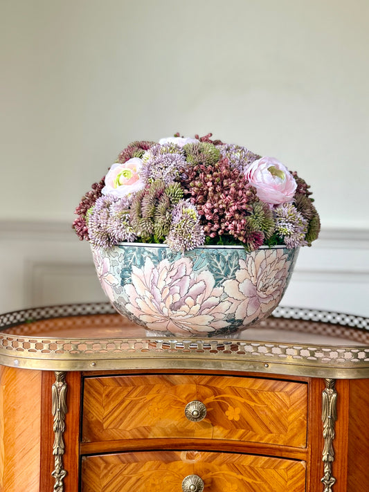 10" Vintage Pastel Pink Floral Bowl + Faux Sedum & Pink Ranunculus #2