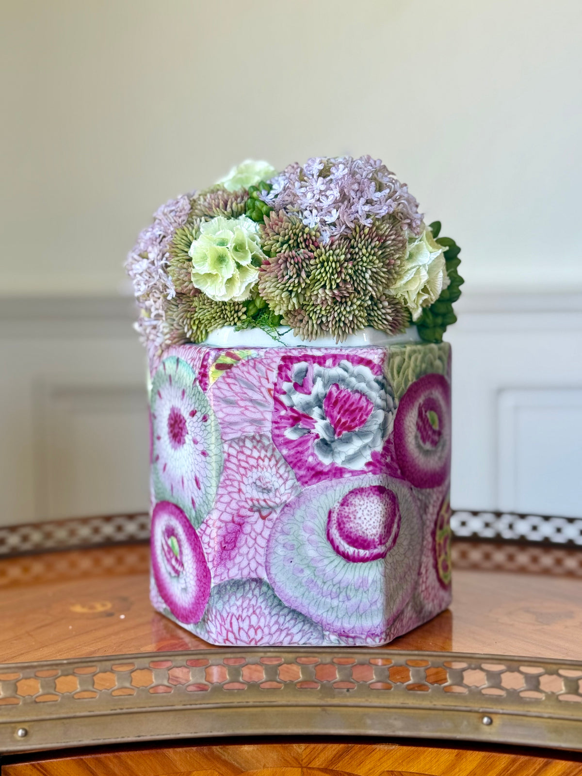 John Derian Floral Cachepot + Faux Sedum & Scabiosa Mix