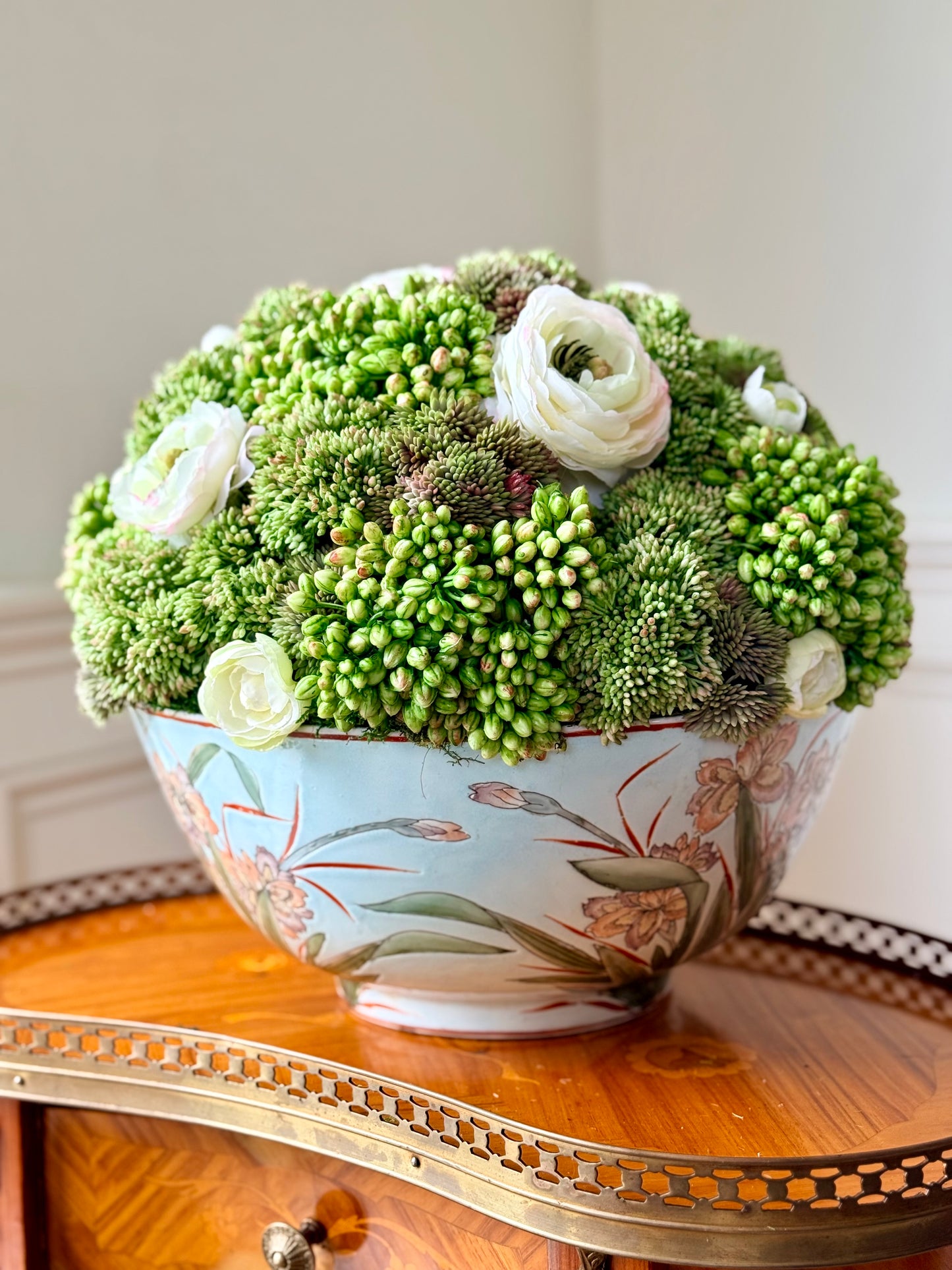 Vintage 12" Hand Painted Iris Bowl+ Faux Sedum & Cream Ranunculus