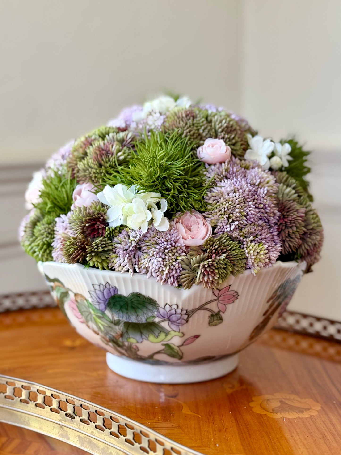 Vintage 9" Lotus Porcelain Bowl + Faux Sedum & Pink Ranuculus