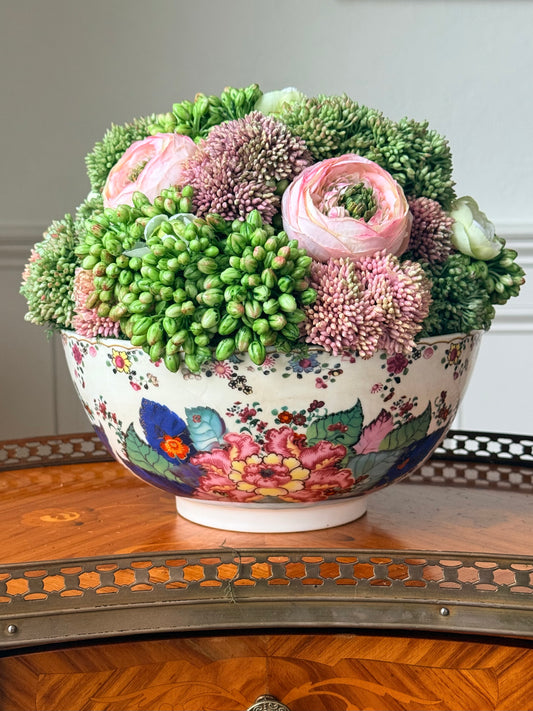 9.5” Tobacco Leaf Porcelain Bowl + Faux Sedum & Pink Ranunculus