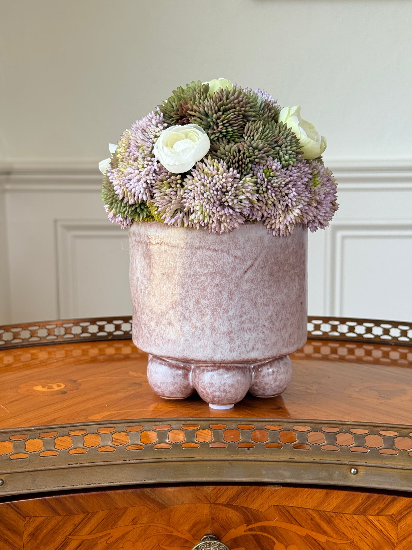 Small Pearl Pot + Faux Sedum & White Ranunculus Mix