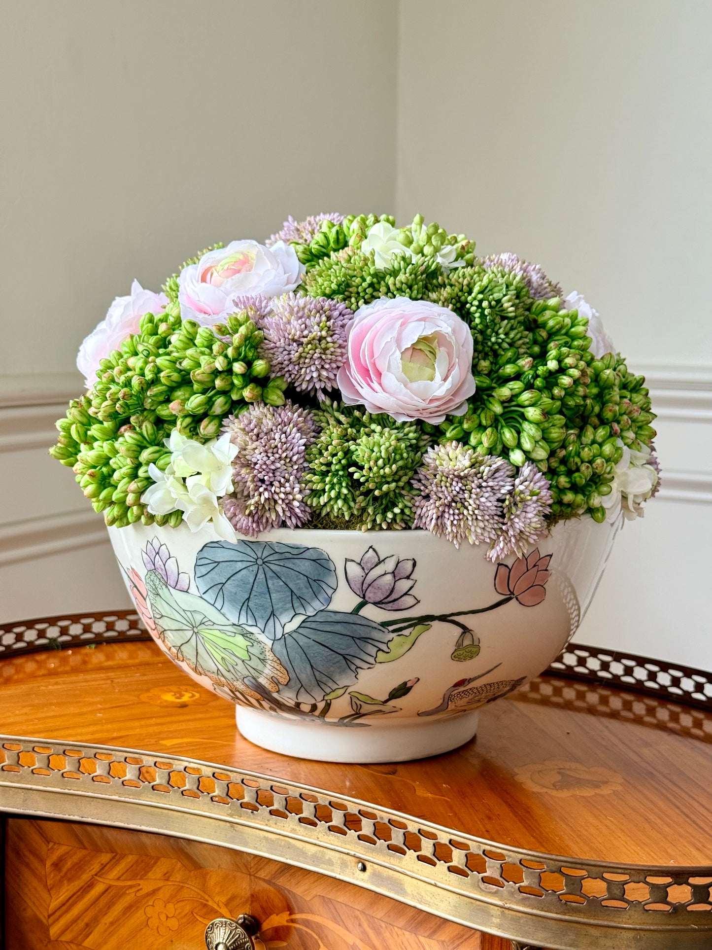 Vintage 10" Chinoiserie Lotus Bowl + Faux Sedum & Ranunculus Mix