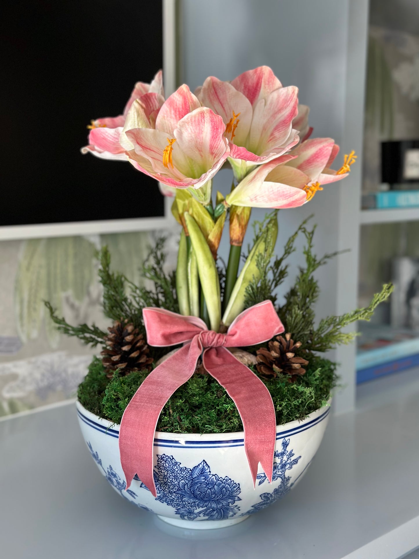 Large Blue and White Bowl + 3 Pink Amaryllis and Pink Velvet Bow