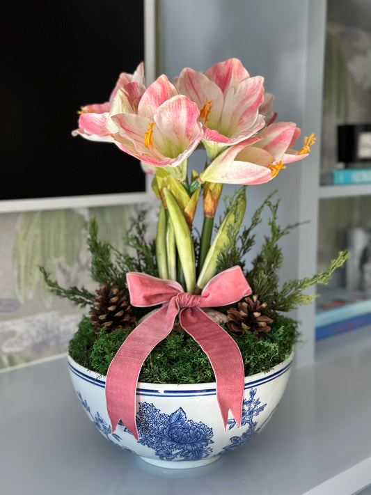 Large Blue and White Bowl + 3 Pink Amaryllis and Pink Velvet Bow