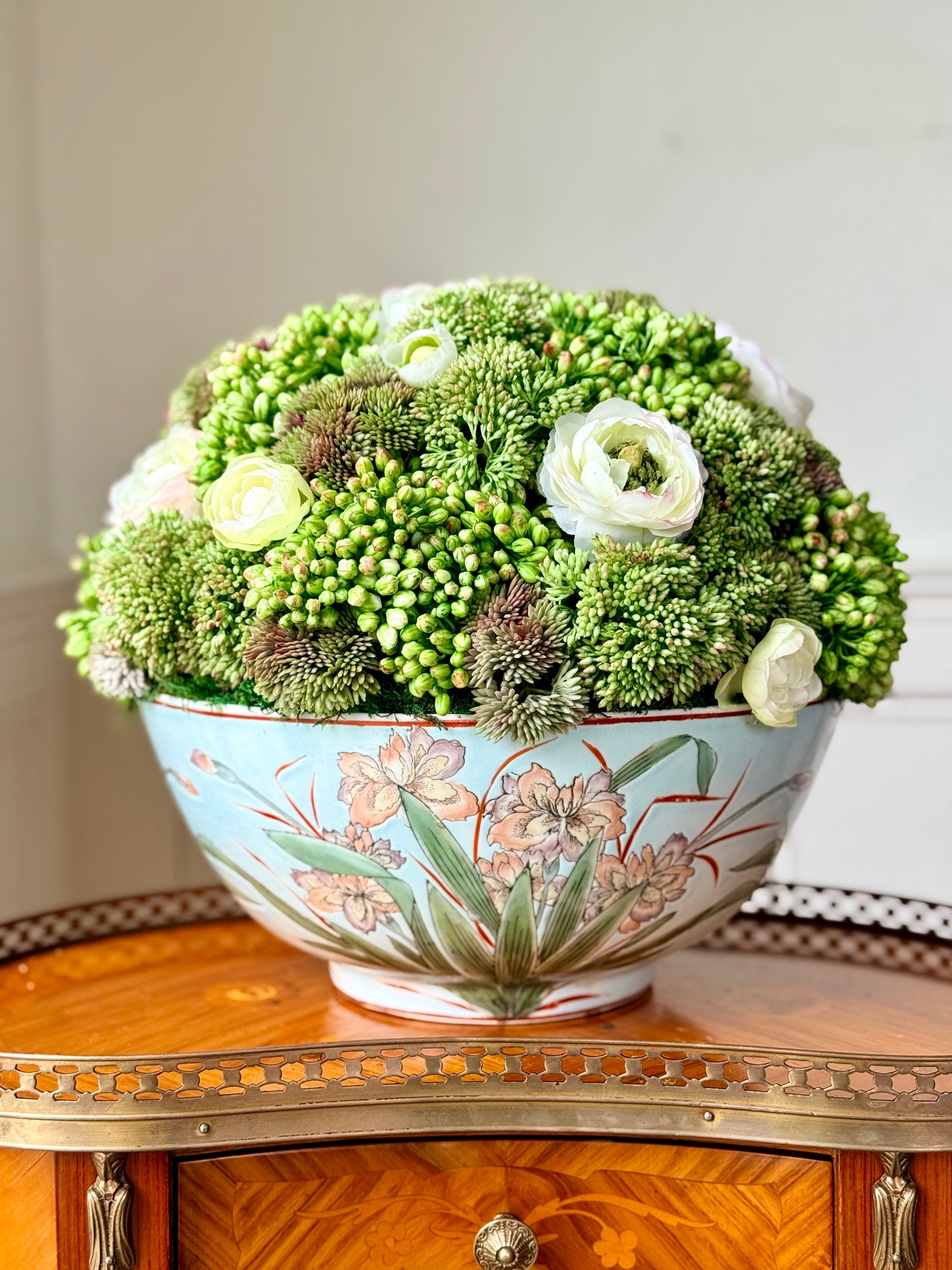 Vintage 12" Hand Painted Iris Bowl+ Faux Sedum & Cream Ranunculus