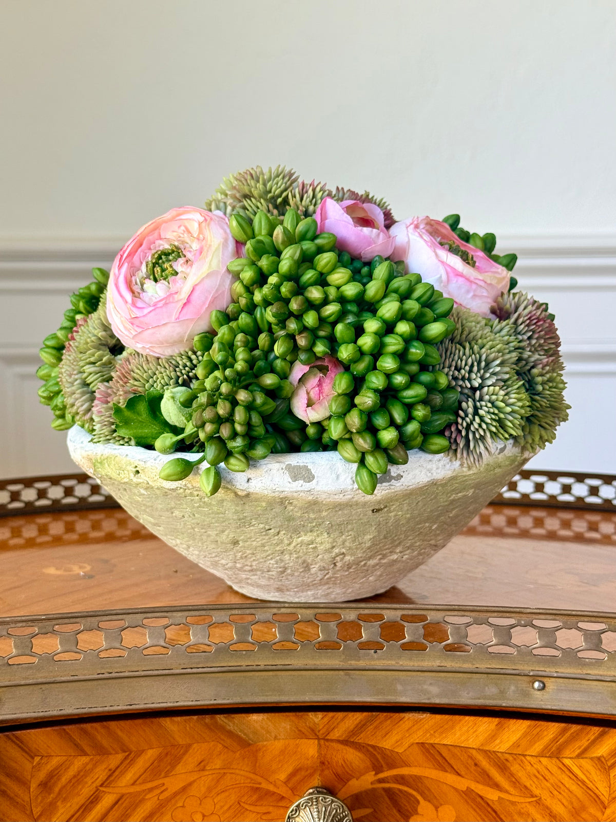 8” Cream Terra Cotta Bowl + Faux Sedum & Pink Ranunculus Mix